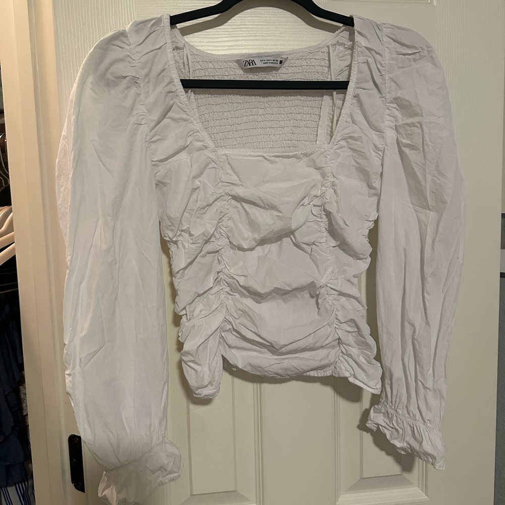 Zara White Puff Sleeve Ruched Blouse